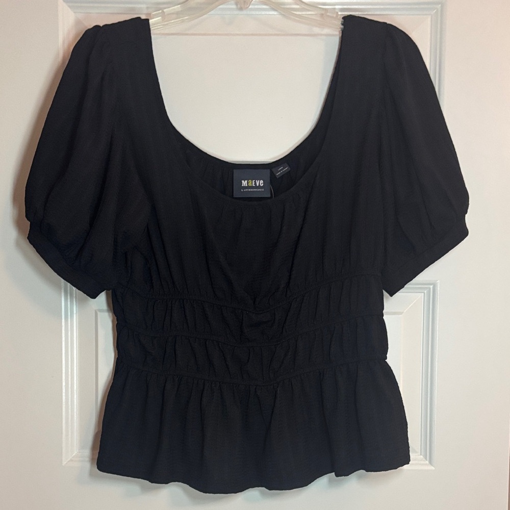 Maeve by Anthropologie Black Puff Sleeve Blouse SZ L Peplum cropped casual NWT